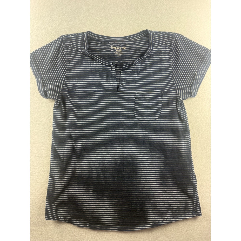 Toad&Co Womens Medium Navy White Striped Tencel Cotton Split Neck Pocket Tee